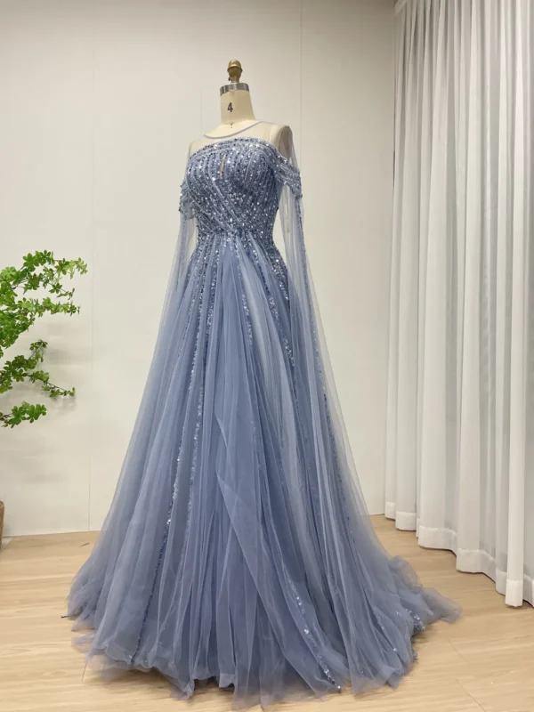 Blue Off-Shoulder Gown With Beaded Bodice & Flowing Tulle Skirt MB40300 - 图片 3