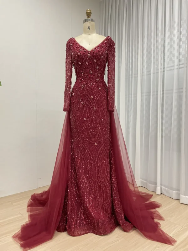Champagne Beaded Mermaid Gown with V-Neck, Long Sleeves & Detachable Tulle Overskirt MB40301B - 图片 5