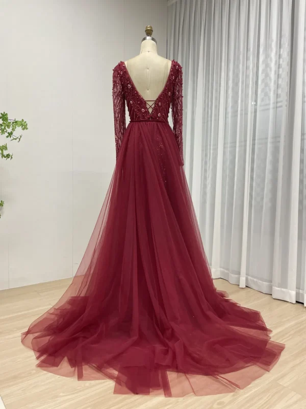 Champagne Beaded Mermaid Gown with V-Neck, Long Sleeves & Detachable Tulle Overskirt MB40301B - 图片 7