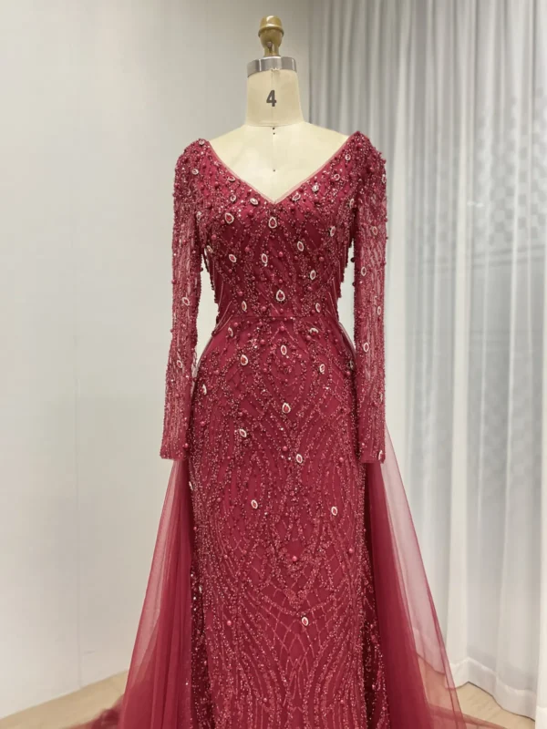 Champagne Beaded Mermaid Gown with V-Neck, Long Sleeves & Detachable Tulle Overskirt MB40301B - 图片 6