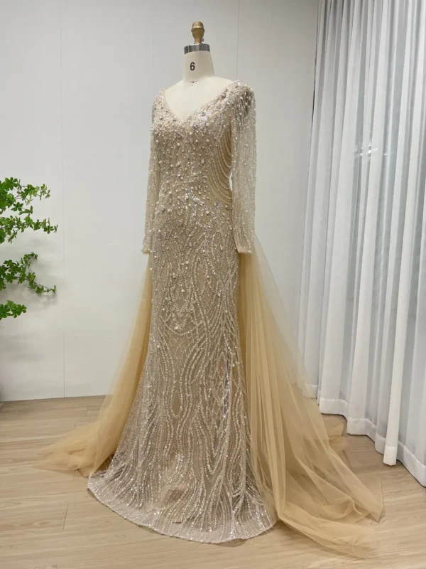 Champagne Beaded Mermaid Gown with V-Neck, Long Sleeves & Detachable Tulle Overskirt MB40301B - 图片 3
