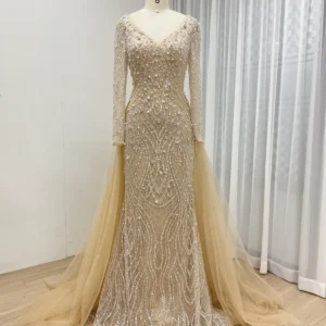Champagne Beaded Mermaid Gown with V-Neck, Long Sleeves & Detachable Tulle Overskirt MB40301B