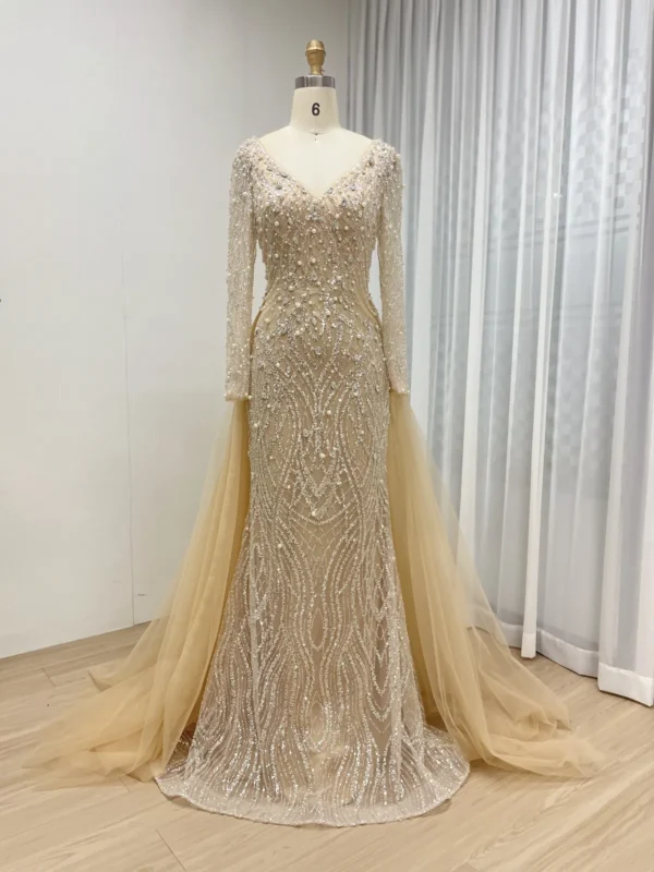 Champagne Beaded Mermaid Gown with V-Neck, Long Sleeves & Detachable Tulle Overskirt MB40301B