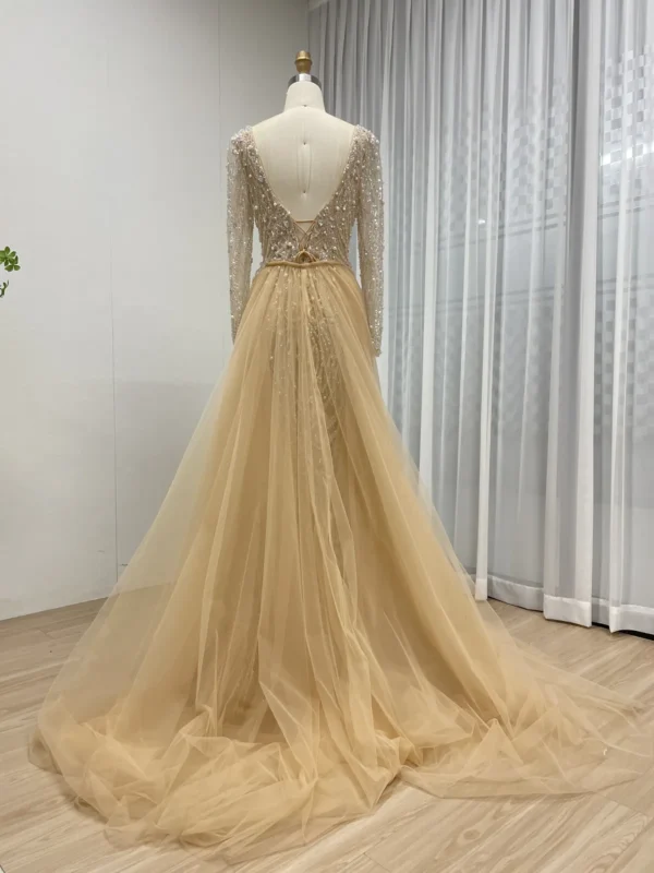 Champagne Beaded Mermaid Gown with V-Neck, Long Sleeves & Detachable Tulle Overskirt MB40301B - 图片 4
