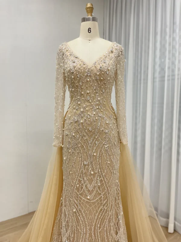 Champagne Beaded Mermaid Gown with V-Neck, Long Sleeves & Detachable Tulle Overskirt MB40301B - 图片 2