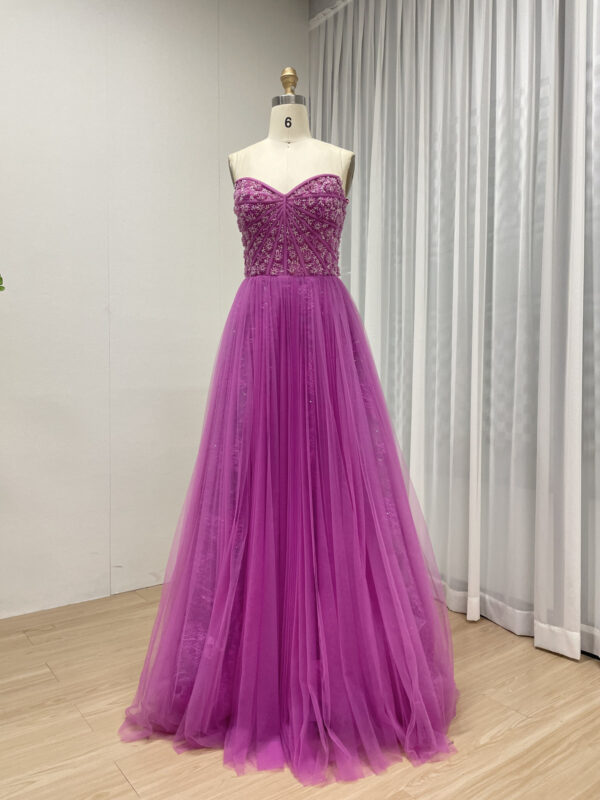 Vibrant Fuchsia A-Line Gown with Beaded Bodice & Tulle Skirt MB40302