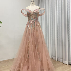 Enchanting Blush Tulle Gown With Off-Shoulder Drapes & Multi-Color Floral Embroidery MB40303