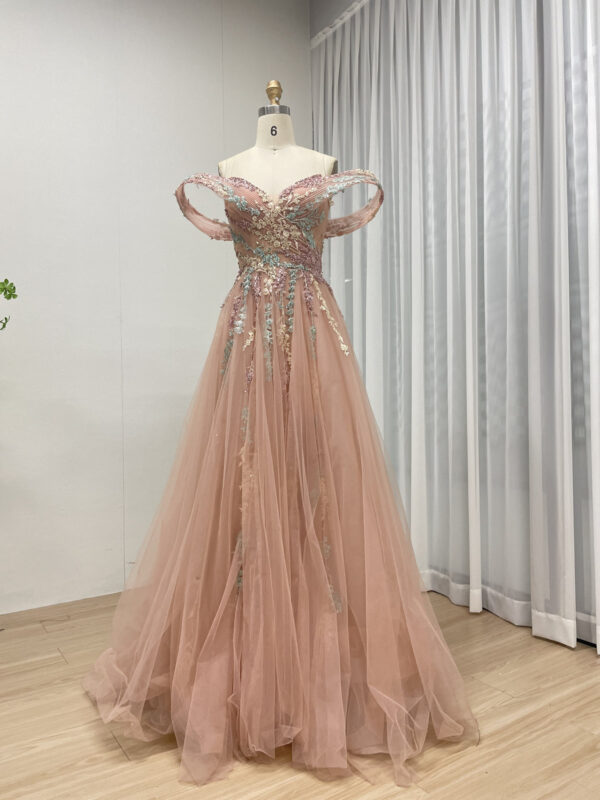 Enchanting Blush Tulle Gown With Off-Shoulder Drapes & Multi-Color Floral Embroidery MB40303