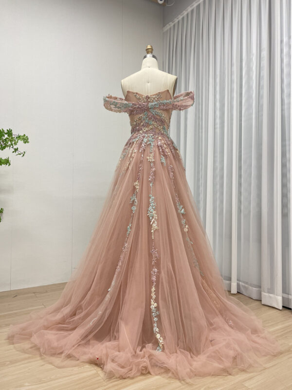 Enchanting Blush Tulle Gown With Off-Shoulder Drapes & Multi-Color Floral Embroidery MB40303 - 图片 4