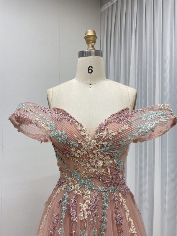 Enchanting Blush Tulle Gown With Off-Shoulder Drapes & Multi-Color Floral Embroidery MB40303 - 图片 3