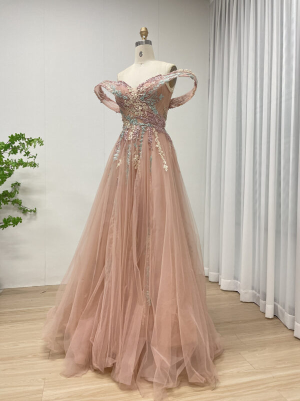 Enchanting Blush Tulle Gown With Off-Shoulder Drapes & Multi-Color Floral Embroidery MB40303 - 图片 2