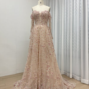 Enchanting Off-Shoulder Tulle Gown with Floral Embroidery & Long Sleeves MB40305
