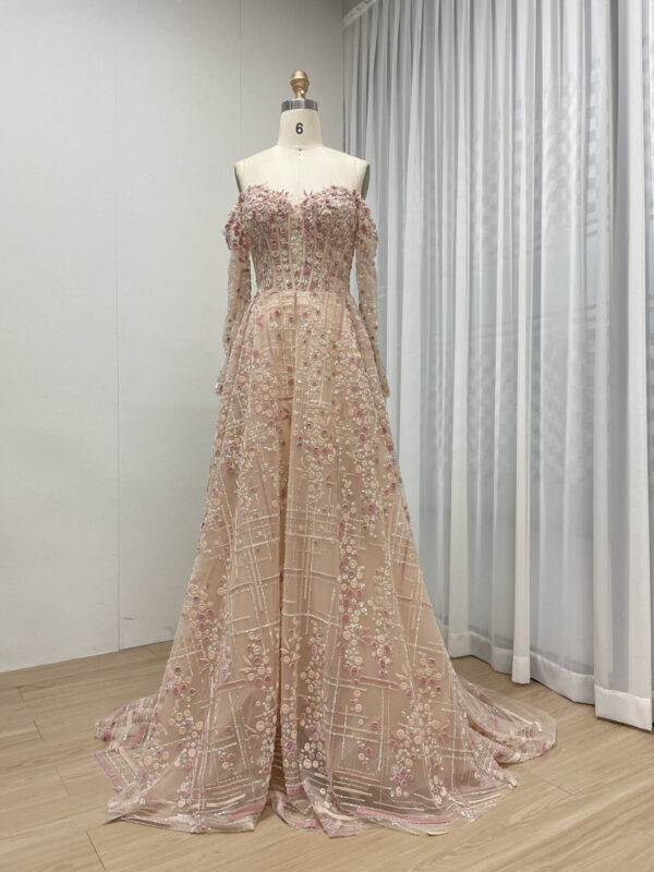 Enchanting Off-Shoulder Tulle Gown with Floral Embroidery & Long Sleeves MB40305