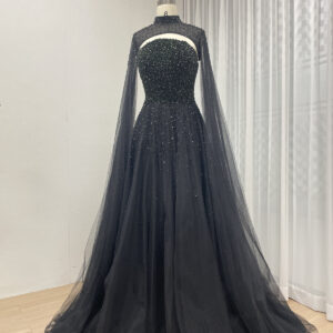 Dramatic Black Gown With Beaded Strapless Bodice & Sheer High-Neck Cape MB40306