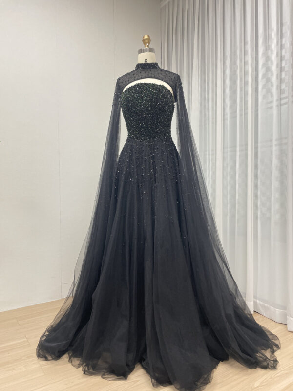 Dramatic Black Gown With Beaded Strapless Bodice & Sheer High-Neck Cape MB40306