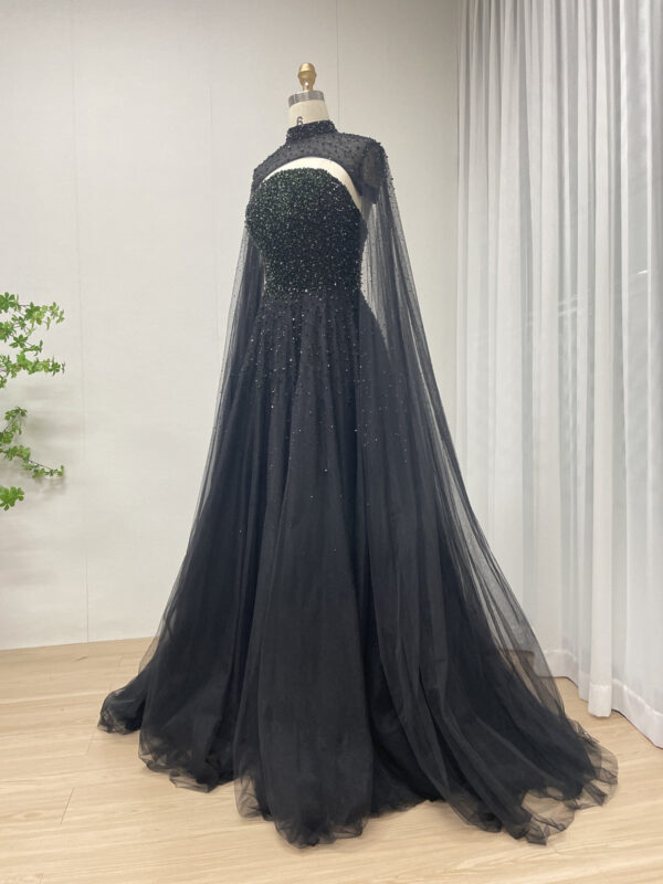 Dramatic Black Gown With Beaded Strapless Bodice & Sheer High-Neck Cape MB40306 - 图片 5