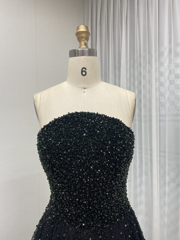 Dramatic Black Gown With Beaded Strapless Bodice & Sheer High-Neck Cape MB40306 - 图片 4