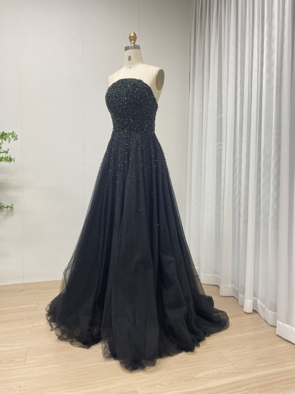 Dramatic Black Gown With Beaded Strapless Bodice & Sheer High-Neck Cape MB40306 - 图片 2
