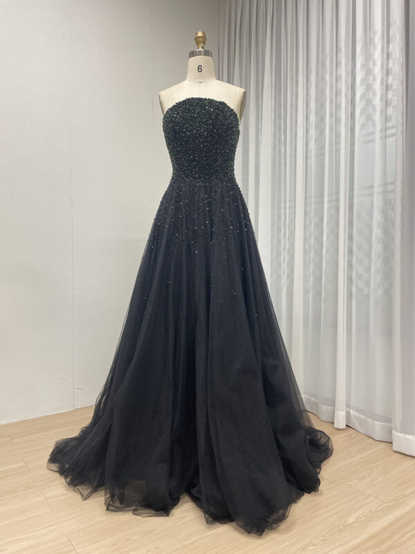 Dramatic Black Gown With Beaded Strapless Bodice & Sheer High-Neck Cape MB40306 - 图片 3