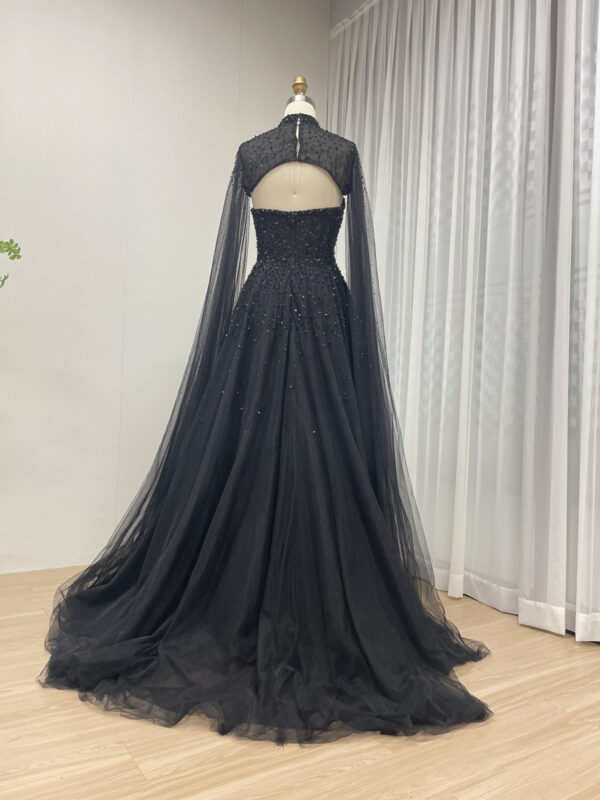 Dramatic Black Gown With Beaded Strapless Bodice & Sheer High-Neck Cape MB40306 - 图片 7
