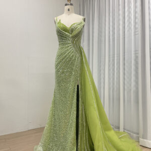 Vibrant Green Pleated Gown With Asymmetrical Neckline & High Slit MB40307