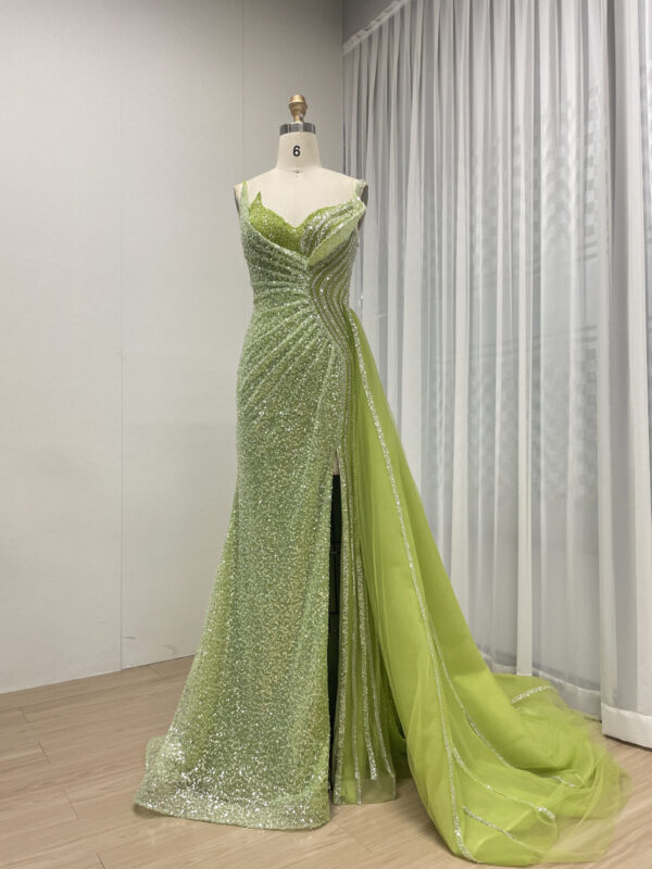 Vibrant Green Pleated Gown With Asymmetrical Neckline & High Slit MB40307