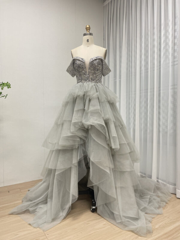Tiered Tulle Ball Gown With Beaded Bodice And Off-Shoulder Sleeves MB40309