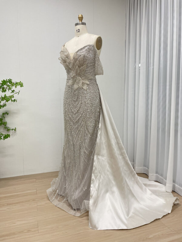 Champagne Off Shoulder Leaf Design Illusion Gown Wedding Aesthetic Dress MB40363B - 图片 3