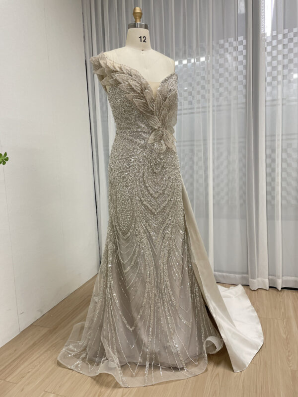 Champagne Off Shoulder Leaf Design Illusion Gown Wedding Aesthetic Dress MB40363B - 图片 2