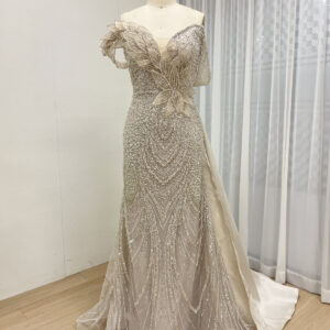 Champagne Off Shoulder Leaf Design Illusion Gown Wedding Aesthetic Dress MB40363B