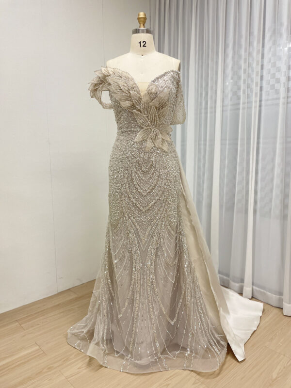 Champagne Off Shoulder Leaf Design Illusion Gown Wedding Aesthetic Dress MB40363B