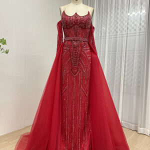 Red Dazzling Beaded Evening Gown With Removable Skirt MB40384-2