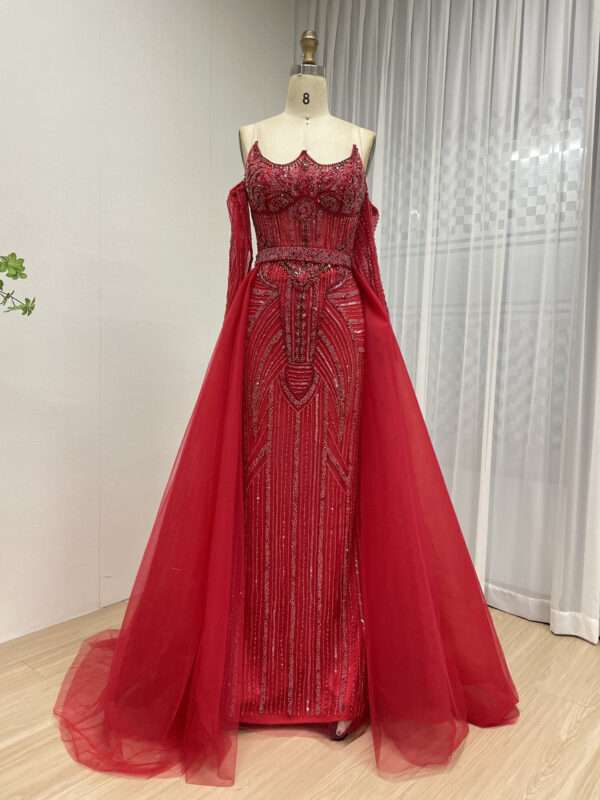Red Dazzling Beaded Evening Gown With Removable Skirt MB40384-2