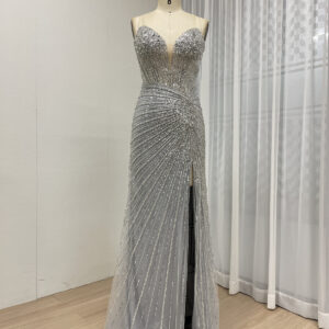 Silver Sparkle Elegance Beaded Glamour Evening Gown MB40430
