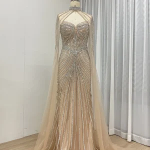 Beaded Elegance Gown Radiant Train Dress With Removable Cape MB40435