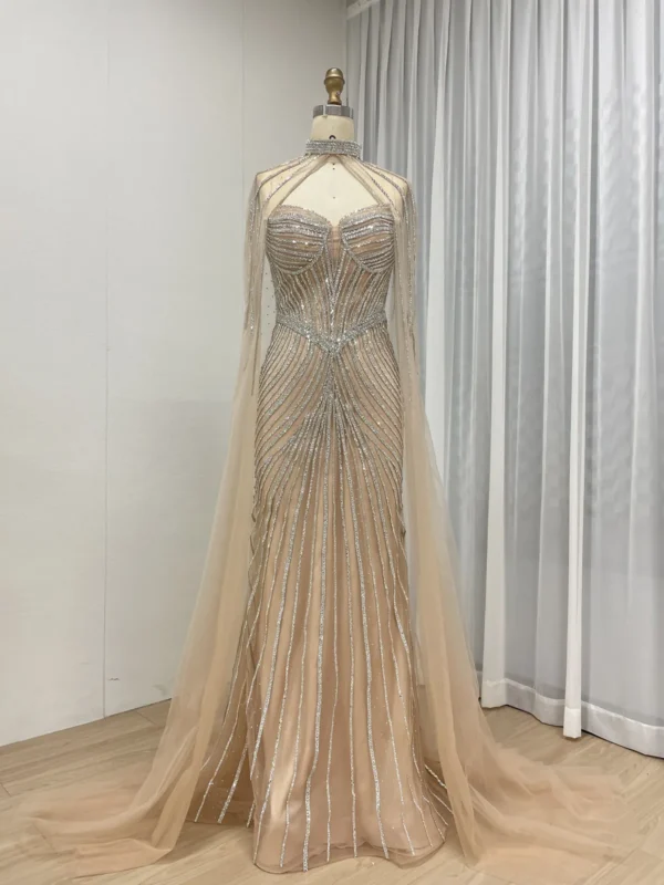 Beaded Elegance Gown Radiant Train Dress With Removable Cape MB40435