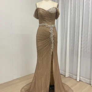 Chic Off Shoulder Elegance Evening Gown With High Split MB40436