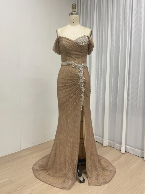 Chic Off Shoulder Elegance Evening Gown With High Split MB40436
