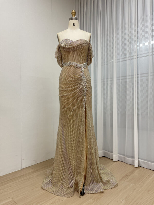 Golden Dazzling Off Shoulder Elegance Mermaid Gown With Split MB40437