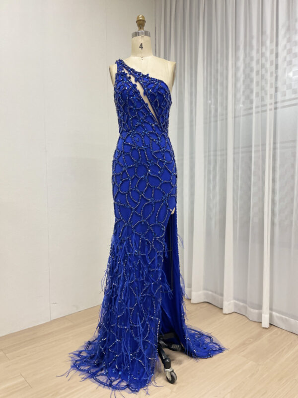 Opulent Blue Feather Beadwork Gown MC20080