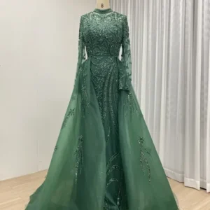 Regal Emerald Green Beaded Gown With Detachable Overskirt & High Neck MY30035B