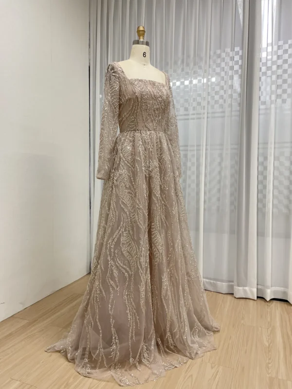 Romantic Blush A-Line Long Sleeve Gown With Square Neckline & Glitter Tulle MY30081L-3 - 图片 2