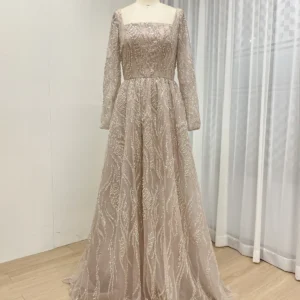 Romantic Blush A-Line Long Sleeve Gown With Square Neckline & Glitter Tulle MY30081L-3