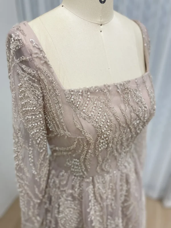 Romantic Blush A-Line Long Sleeve Gown With Square Neckline & Glitter Tulle MY30081L-3 - 图片 4