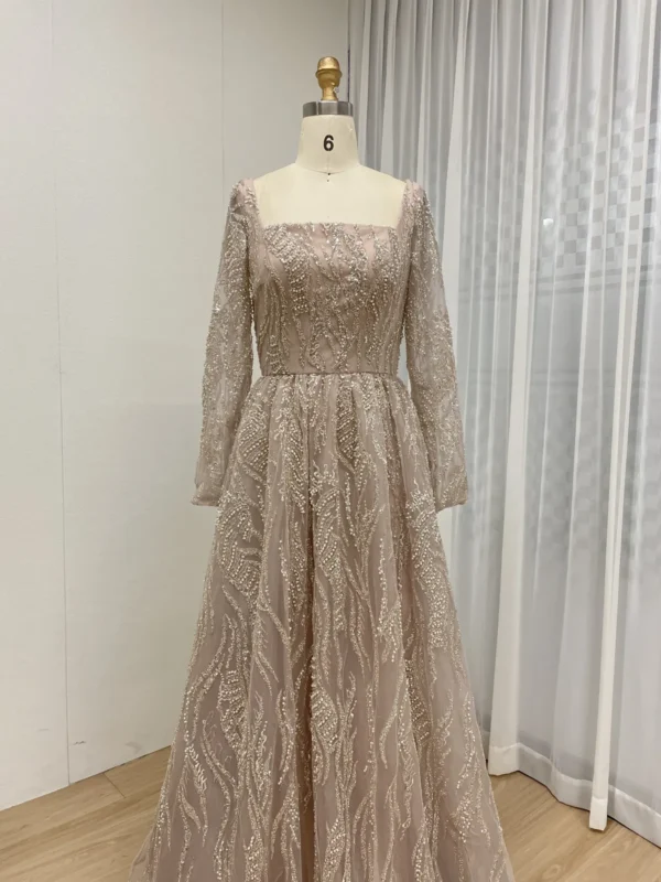 Romantic Blush A-Line Long Sleeve Gown With Square Neckline & Glitter Tulle MY30081L-3 - 图片 3