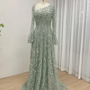 Sage Green One-Shoulder Gown with Sparkling Bell Sleeves MY30089-2