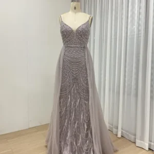 Glamorous Beaded Mermaid Gown with Feather Accents & Detachable Overskirt MY30128-2