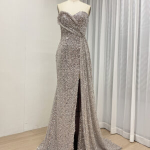 Strapless Pink Purple Gown With Ruched Bodice & High Slit MY30152