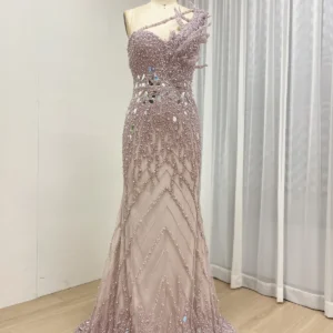 Dramatic Mauve Beaded Mermaid Gown With Sculptural One-Shoulder Detail MY30155