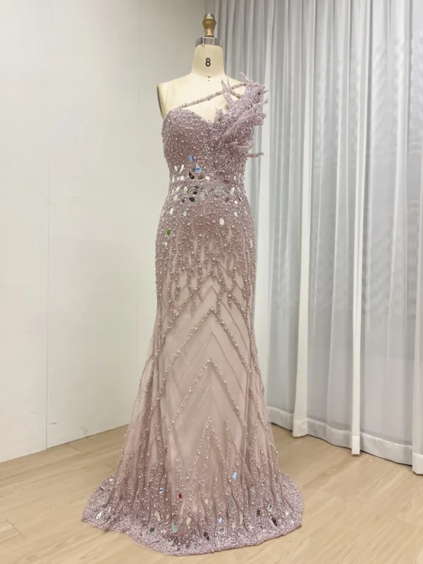 Dramatic Mauve Beaded Mermaid Gown With Sculptural One-Shoulder Detail MY30155